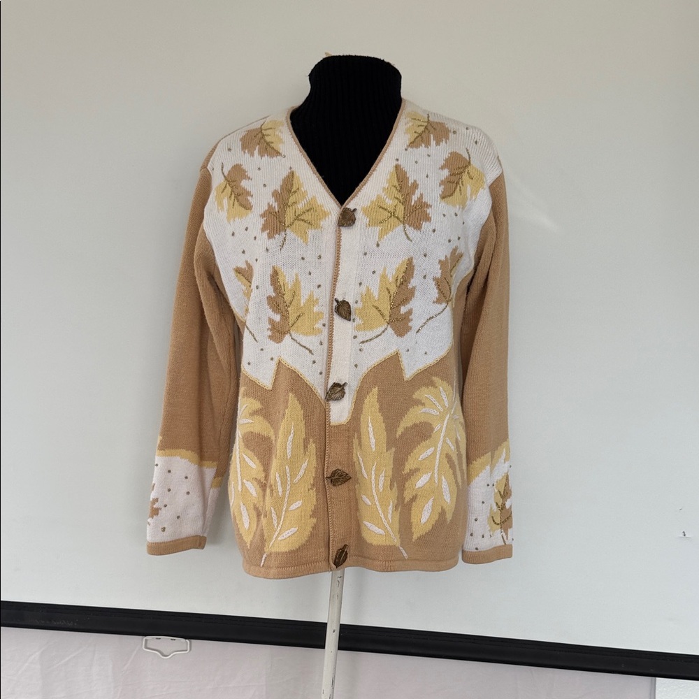 Storybook Knits Leaf Pattern Cardigan - Tan and Cream